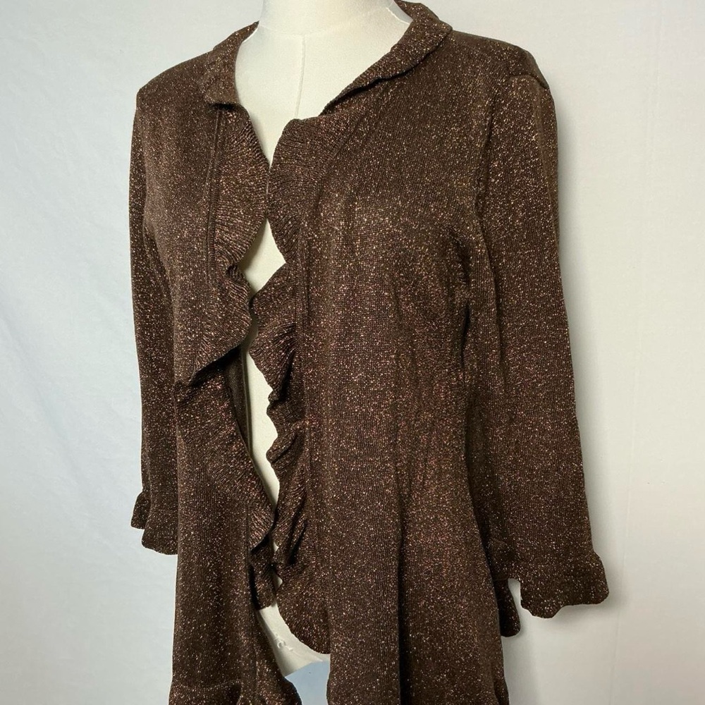 Dressbarn Brown Metallic Ruffle Cardigan Fairy Whimsy Y2K Size Large - Picture 5 of 7
